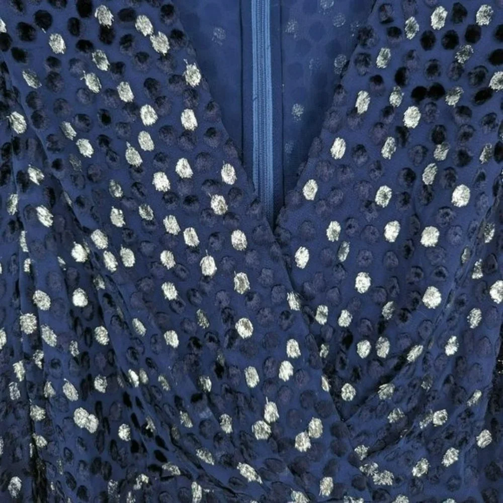 Kate Spade Scatter Dot Dress 6 Navy Silver Faux Wrap Ruffle Velvet Long Sleeve